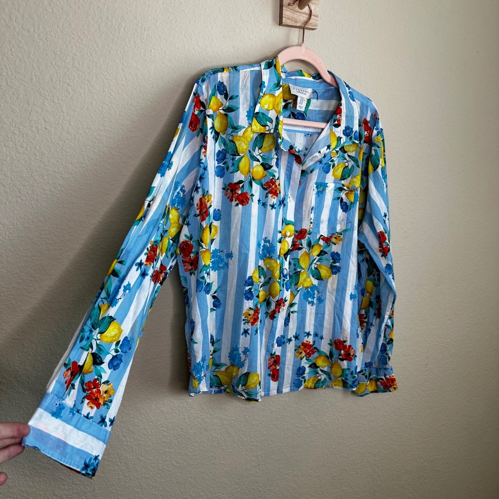 Calypso St Barth Lemon Floral Striped Cotton Button Down Shirt XL Coastal Preppy